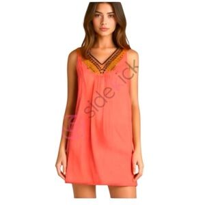 Luxology Boho sleeveless coral V-neck tunic dress embroidered and dazzli…